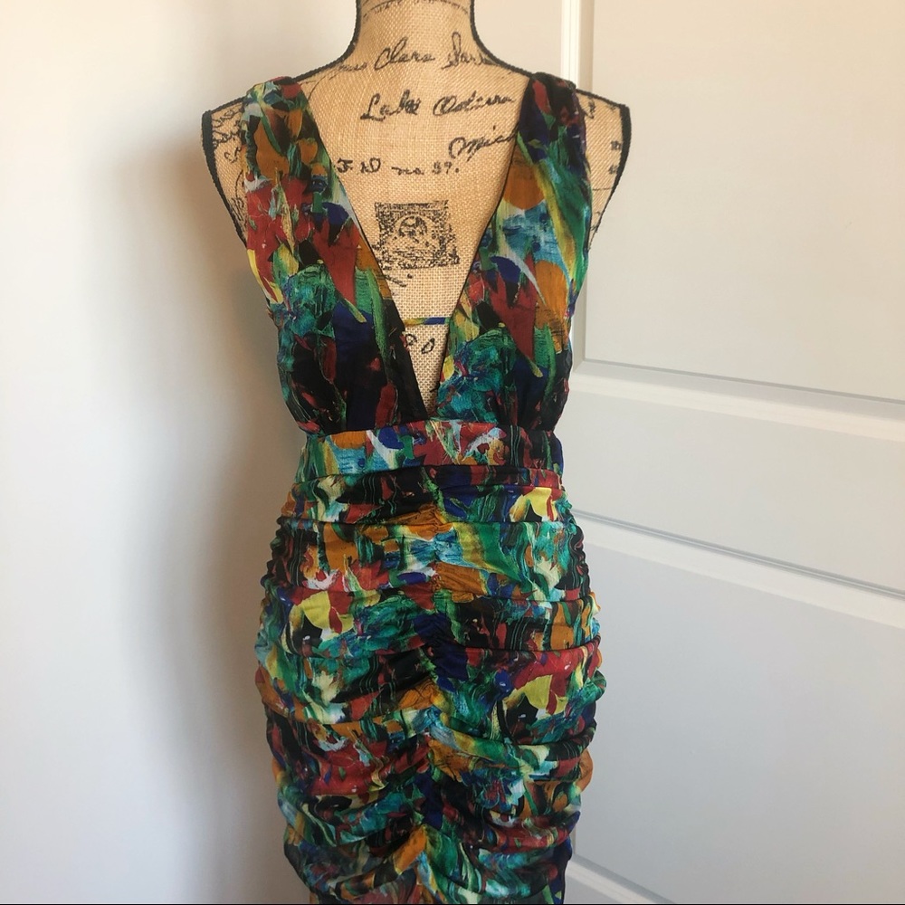NWOT✨Colorful Semi Sheer Cut Out Plunging Ruched Maxi Sundress - Picture 2 of 6
